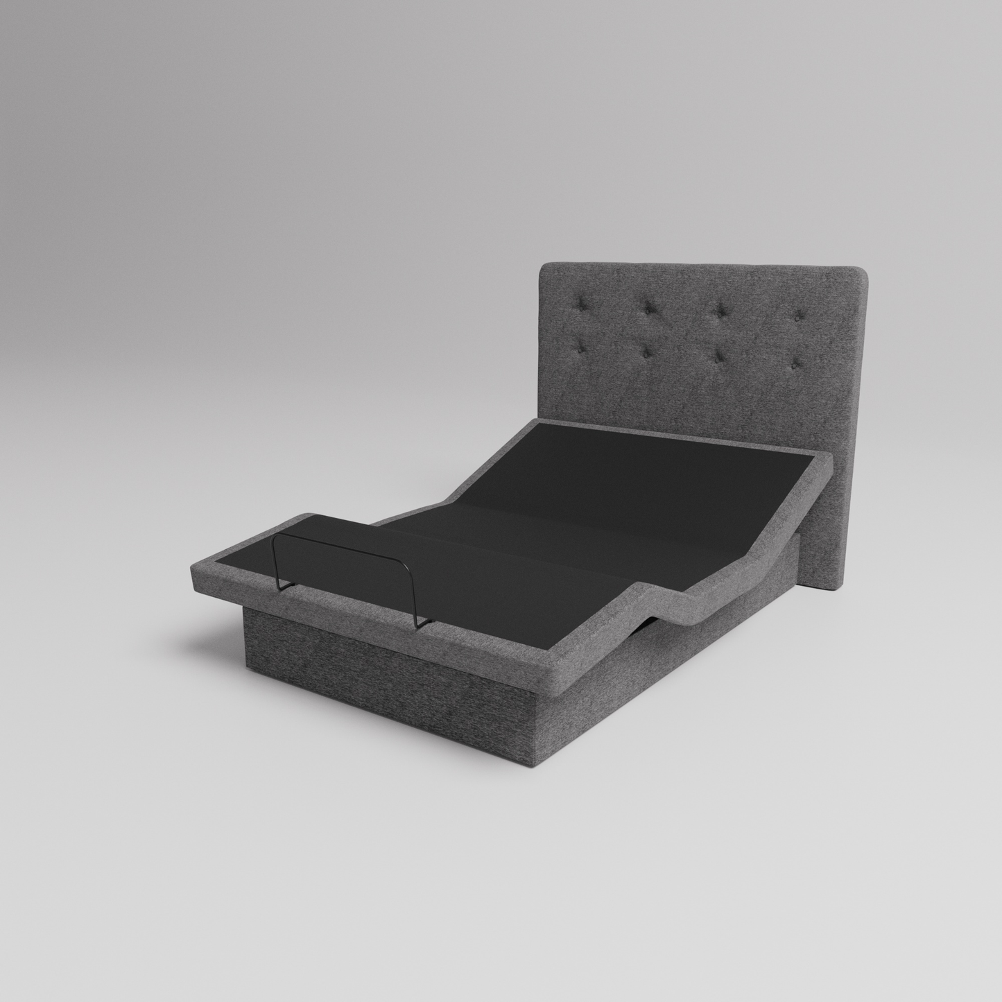 An angled view of a twin-sized slate bed frame, showcasing its minimalist design with a sleek, modern look. The frame is made of sturdy material with a smooth, dark gray finish and a simple, clean structure