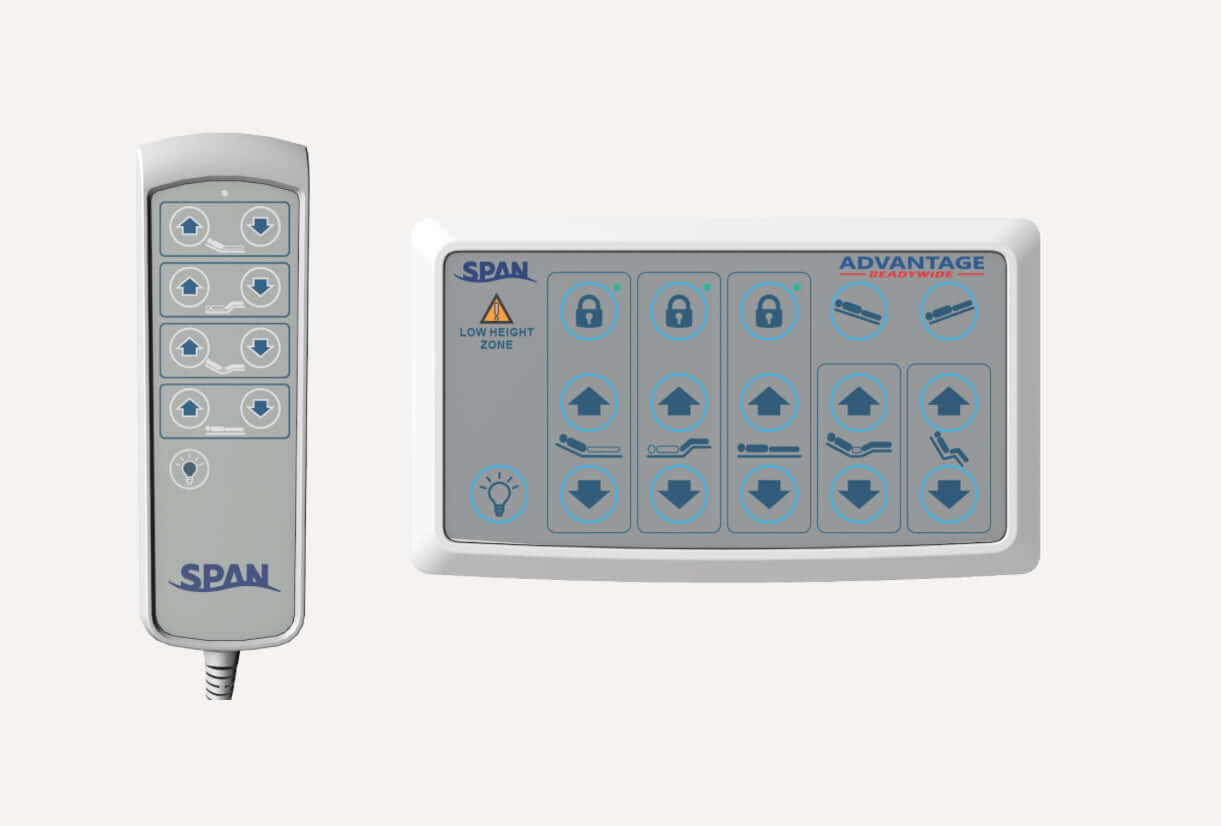 Encore ReadyWide Low Hospital Bed remote and control panel for adjustable hi-low features.