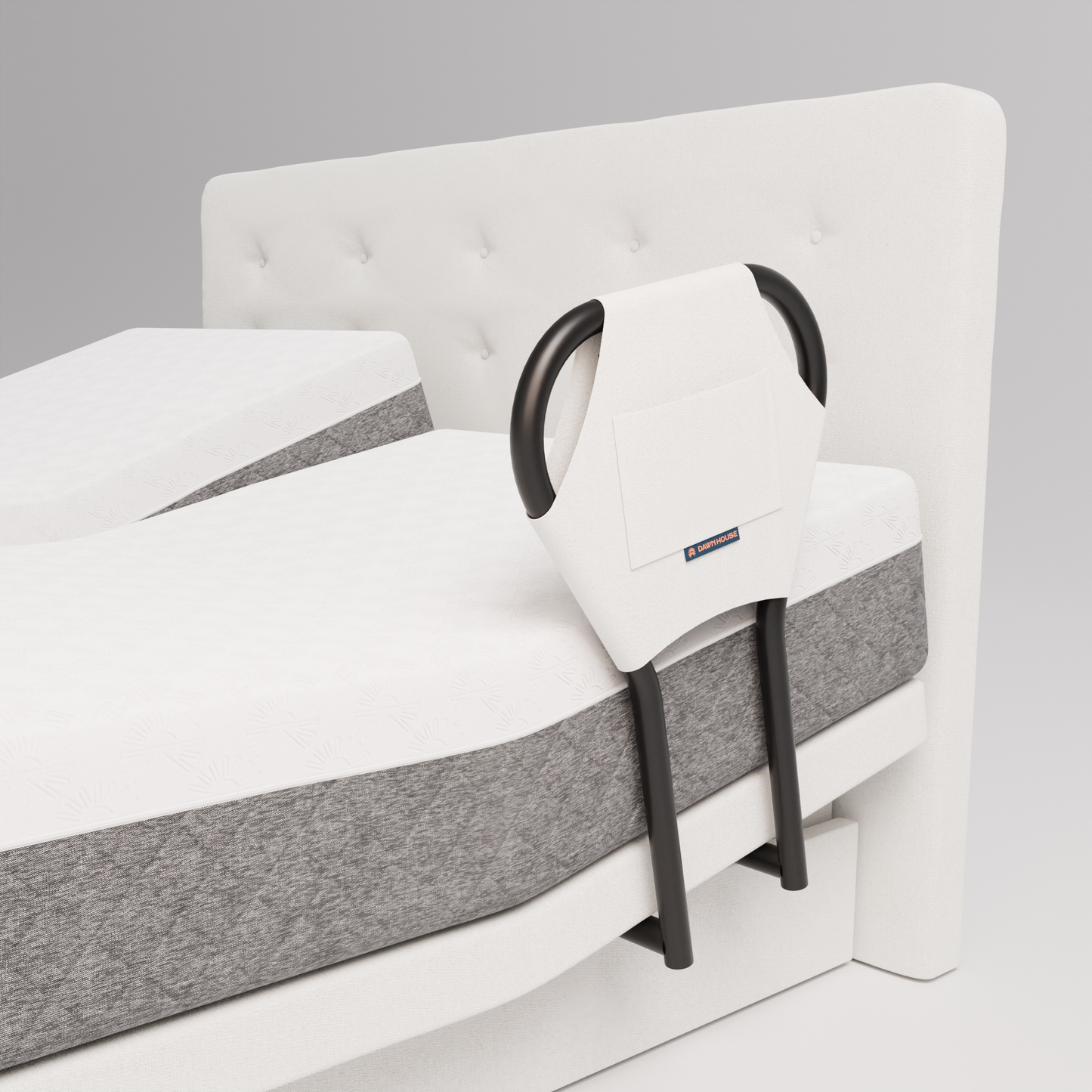 An ivory-colored support rail designed for beds, featuring a sturdy frame with a smooth surface. The rail is designed to provide assistance for getting in and out of bed, ensuring safety and stability for individuals with mobility challenges. It is pictured from the side showing its length and support structure