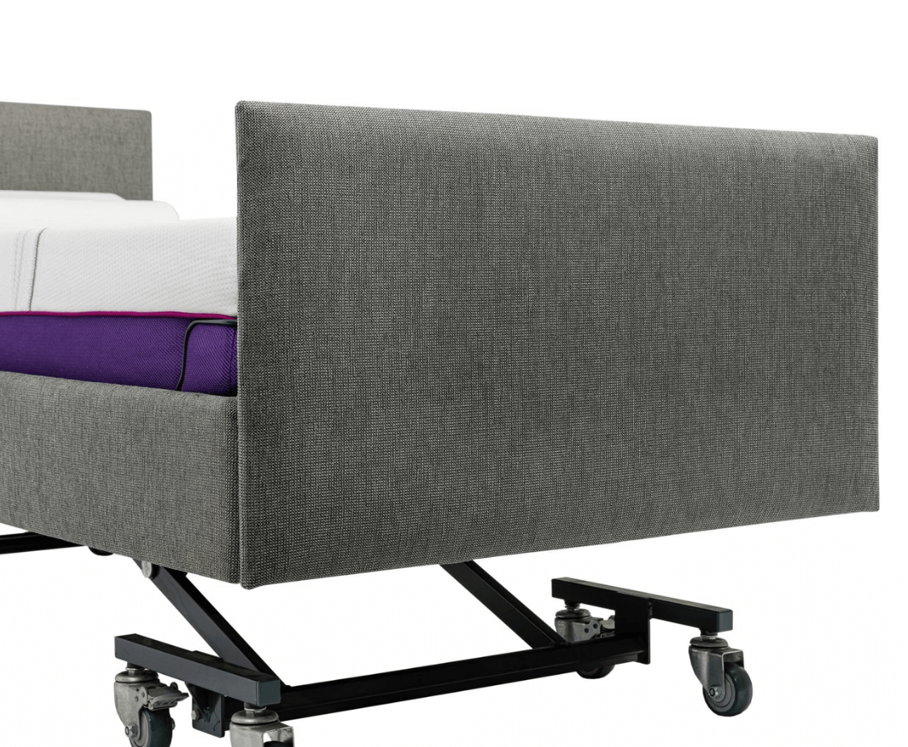 Footboard on a hospital bed, part of a homecare bed, adjustable and hi-low bed design for comfort and accessibility.