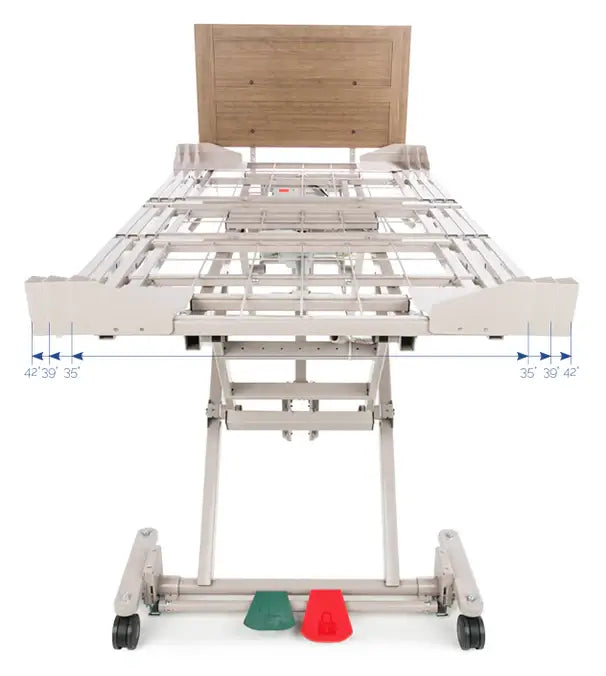 Zenith 9200 Slide Wide Hospital Bed showing adjustable frame and controls for height adjustments in healthcare settings.