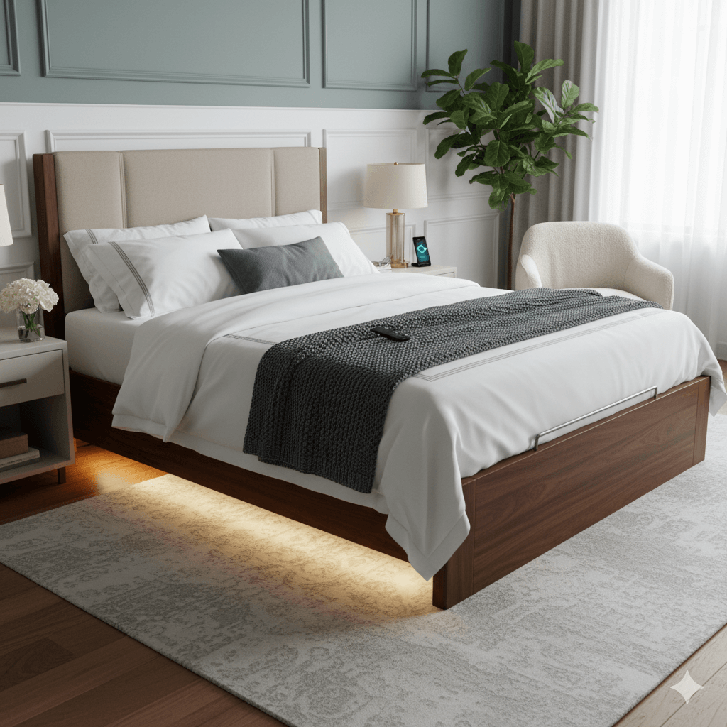 Luxury hospital beds for home with wood finish and designer fabric