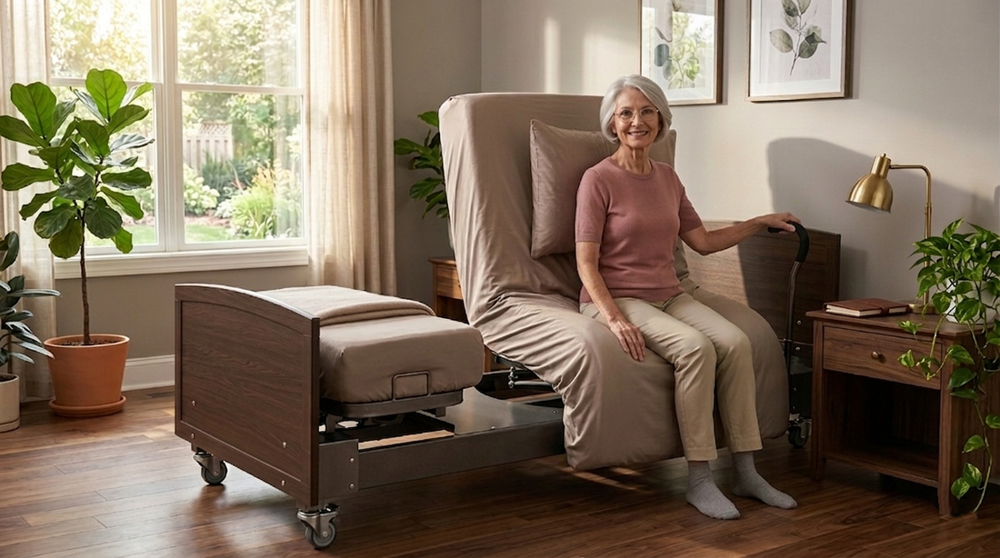 Senior woman sitting on a rotating hospital bed in a well-lit room with plants.