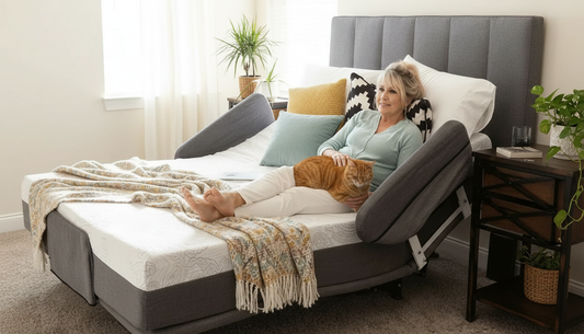 Family caregiver relaxing on a luxury hi-low hospital bed at home with adjustable head elevation in a modern bedroom setting