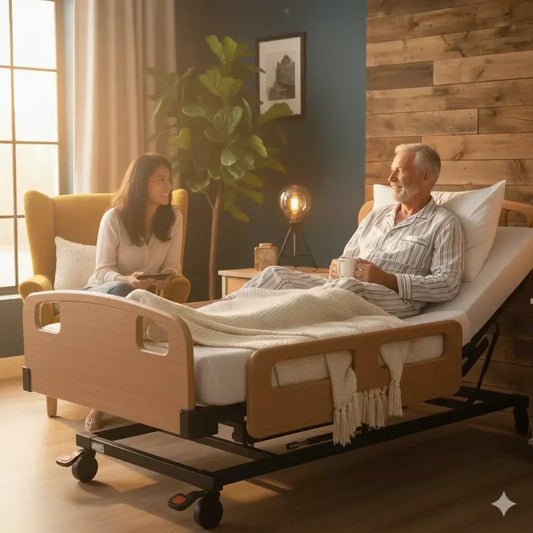 A senior man relaxing in a luxury hospital bed for home use with a medical adjustable bed frame in a modern, wood-accented bedroom.