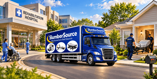 SlumberSource delivery truck outside a rehabilitation hospital as technicians carry a home care bed into a patient's house