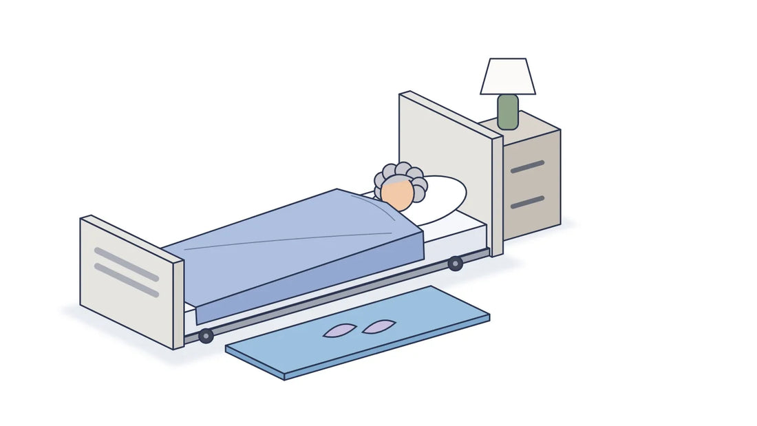 Line illustration of an older adult asleep on an Accora floor bed lowered to floor level, with a blue fall mat and slippers beside it.