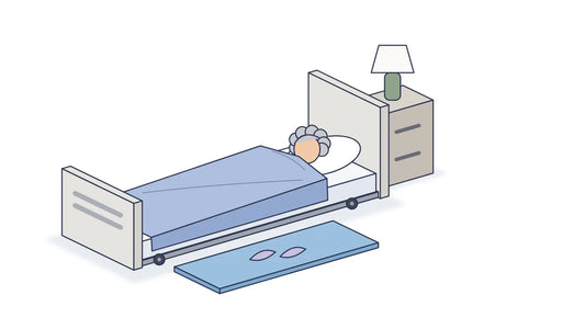 Line illustration of an older adult asleep on an Accora floor bed lowered to floor level, with a blue fall mat and slippers beside it.