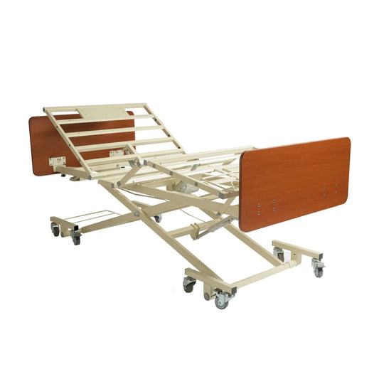 Protekt Protopia hi-low hospital bed in its 7-inch low position, a common choice for hospice care at home