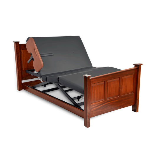 Assured Comfort Platform Series Hi-Low Adjustable Homecare Bed with side rail in mahogany in recline position
