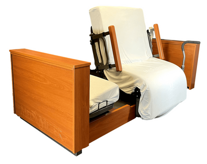 Med-Mizer ActiveCare Deluxe Rotating Sit to Stand Hospital Bed with wood finish, functional for homecare and adjustable needs.