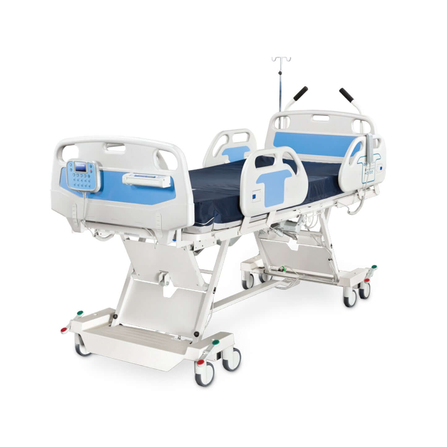 NOA Hospital Platinum NS Bed with blue accents, adjustable height, and features for patient care and comfort.