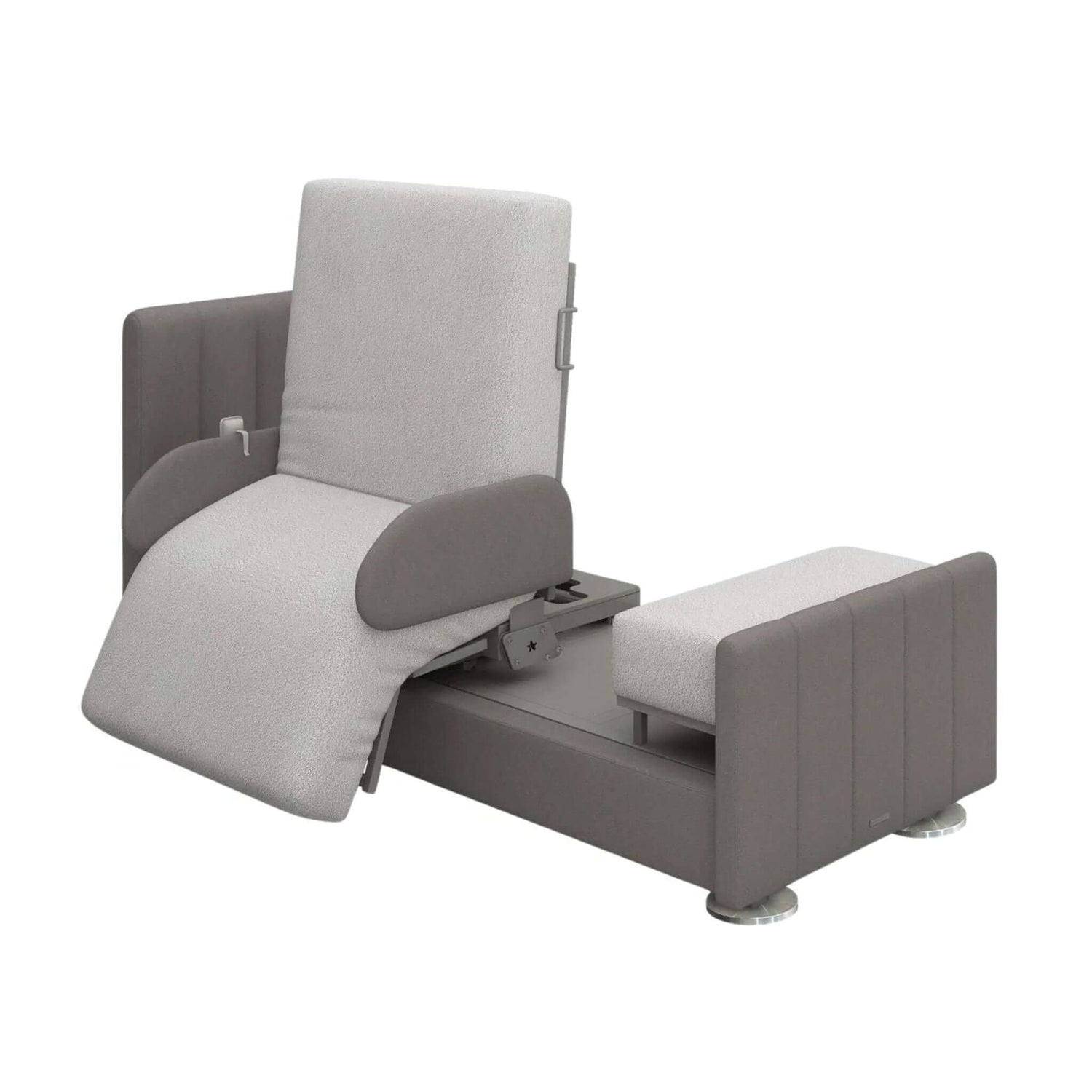 Orin motorized sit to stand rotating hospital bed with adjustable recline and armrests for patient comfort.