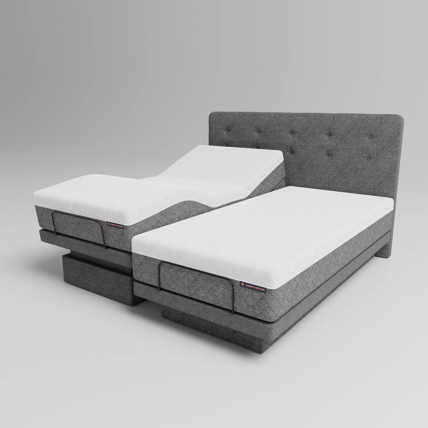 Split King Dawn House Hi-LOW Adjustable Smart Homecare Bed frame in slate with foam mattress