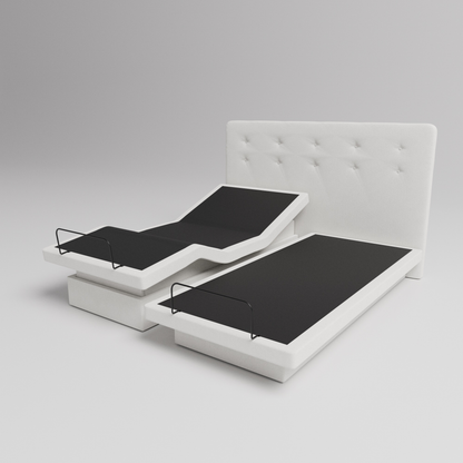 Split King Ivory adjustable bed frame with flat and zero gravity settings, viewed from an angled perspective, showcasing the sleek and modern design.