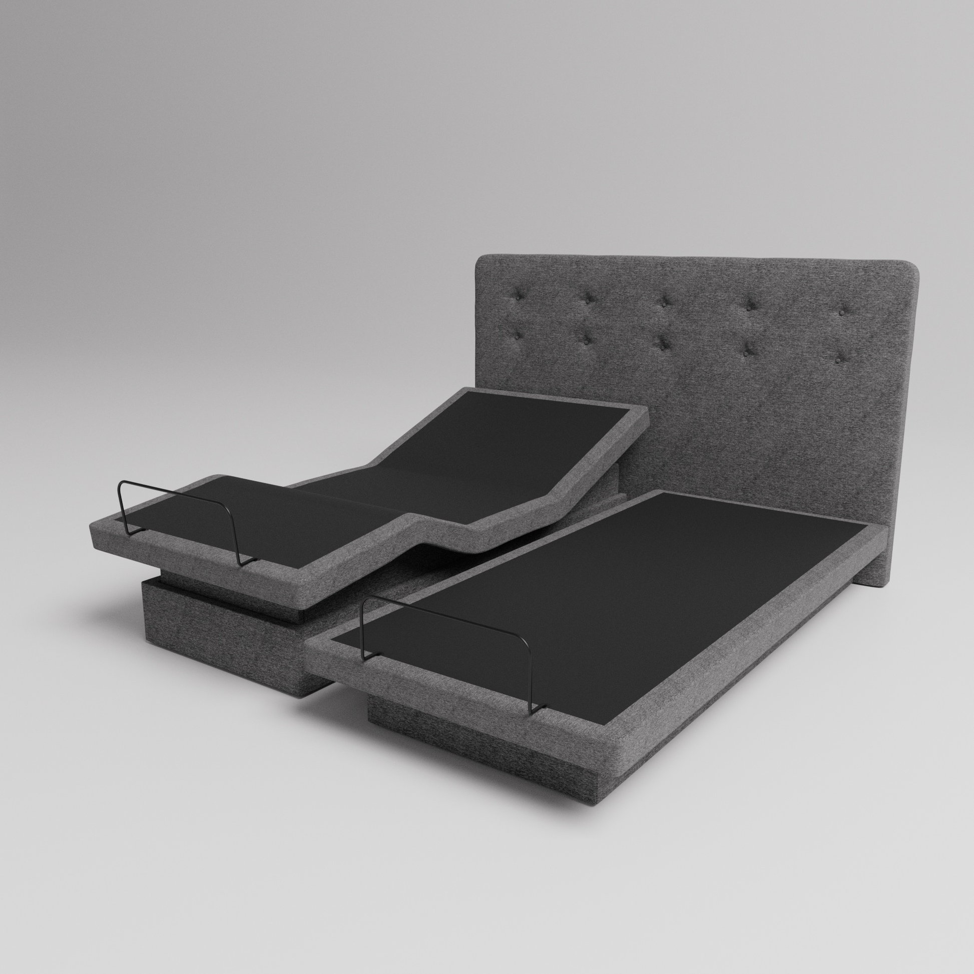 Split king slate angle mattress positioned flat with a zero gravity high-low setting, showcasing its design and structure. The mattress features a sleek, modern appearance with an adjustable mechanism visible at the base.