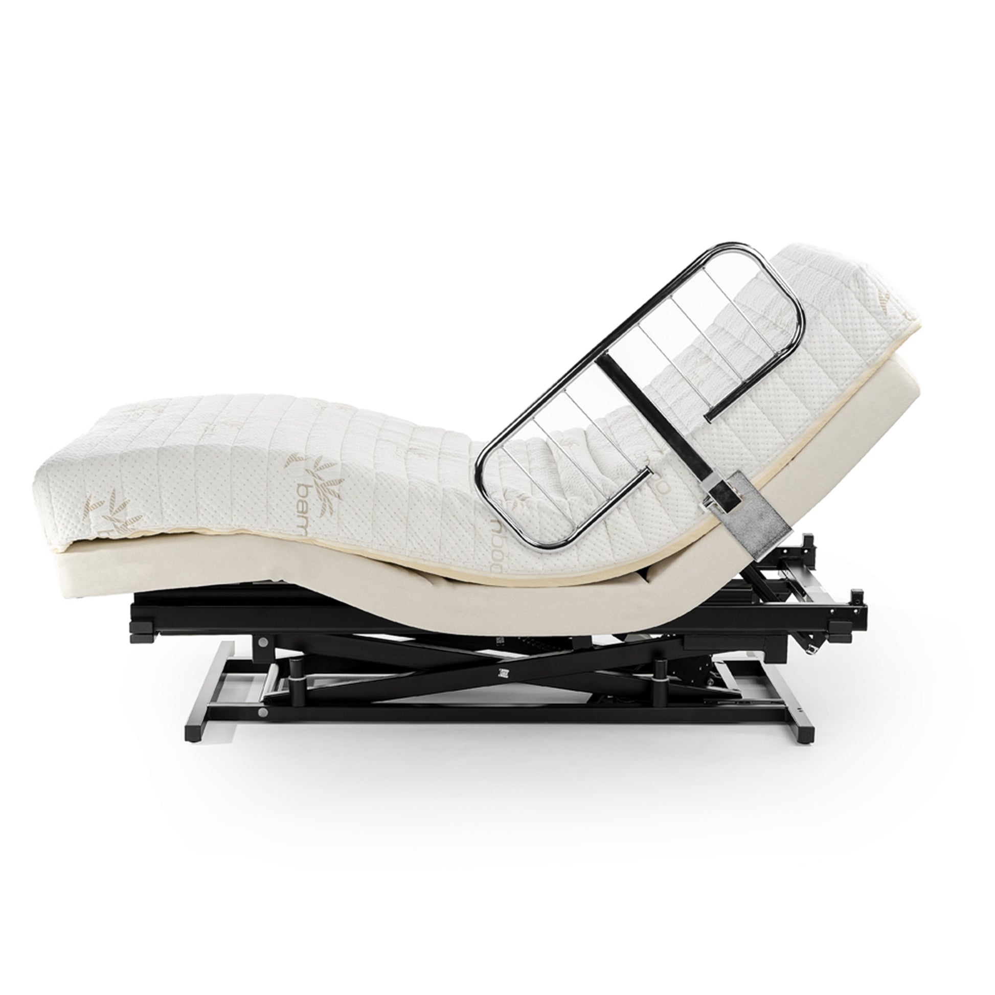 Transfer Master Supernal 3 Function Hi-Low Adjustable Bed with side rail in recline position