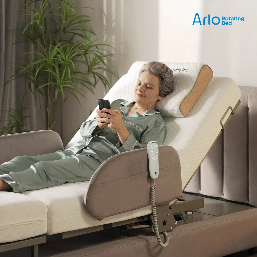 Arlo rotating hospital bed with adjustable backrest raised for sitting up in bed