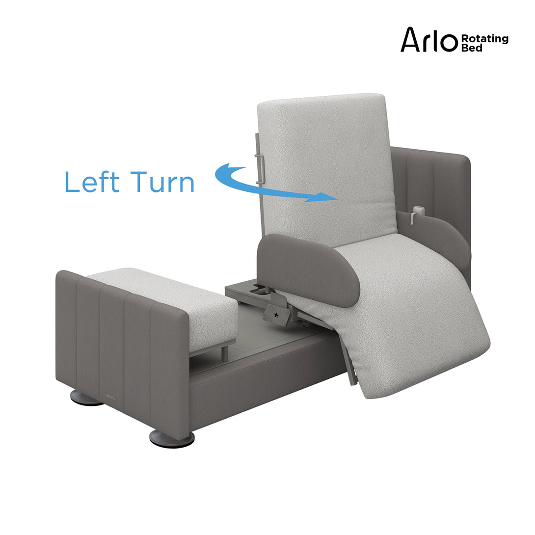 Arlo rotating hospital bed turning left with the seat and footrest extended