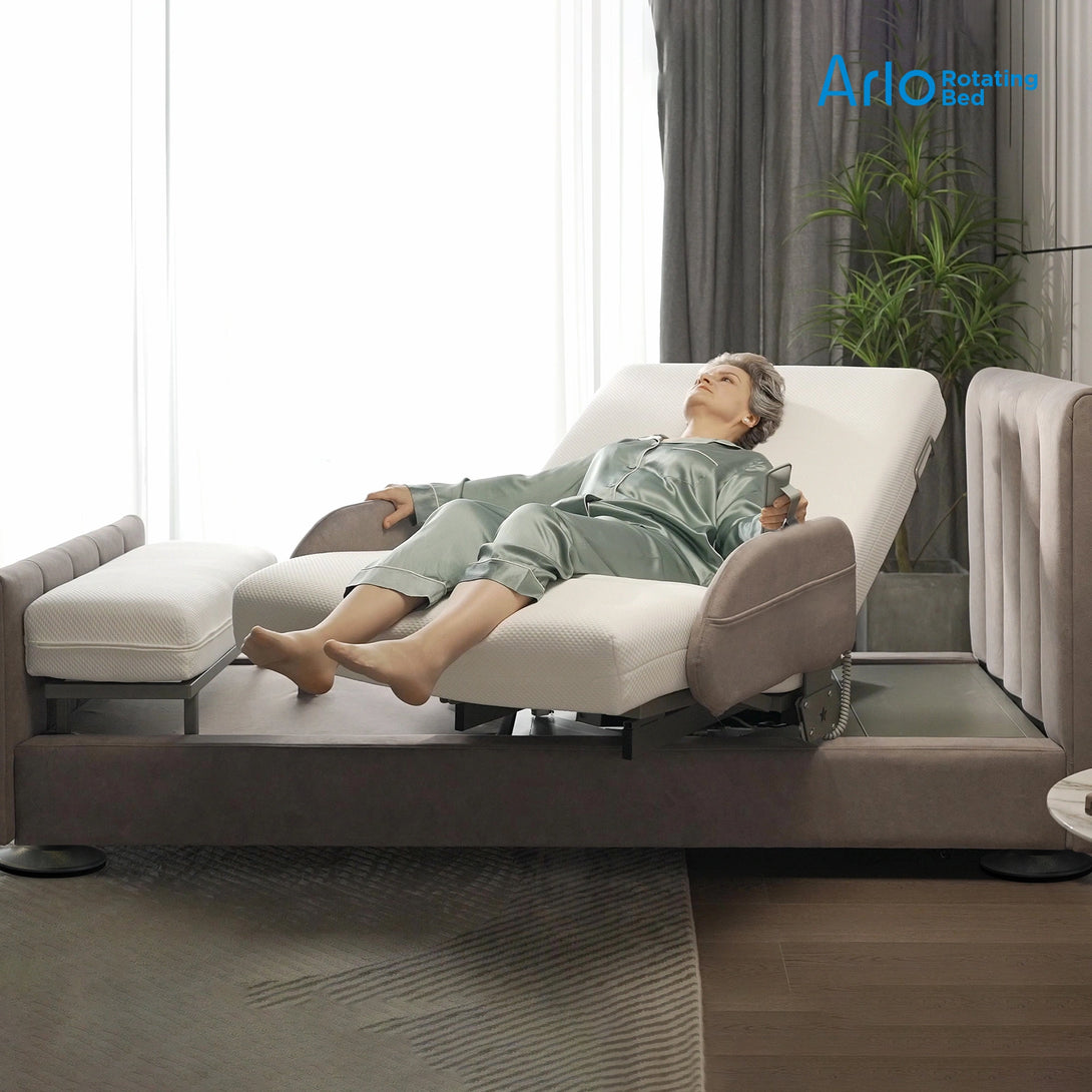 Arlo rotating hospital bed reclined into a chaise lounge seating position