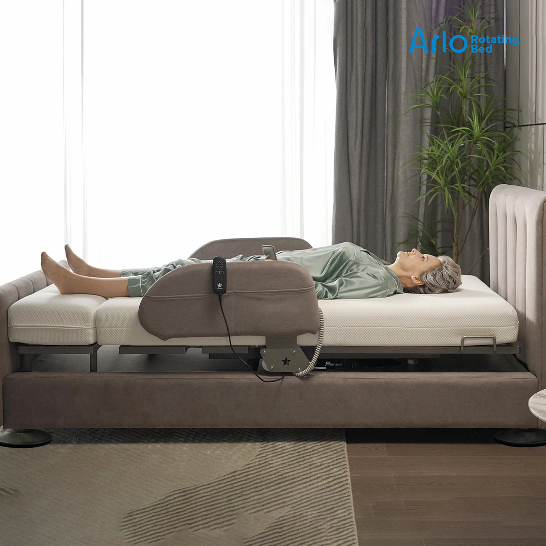 Arlo rotating hospital bed with side rails raised for safe sleep