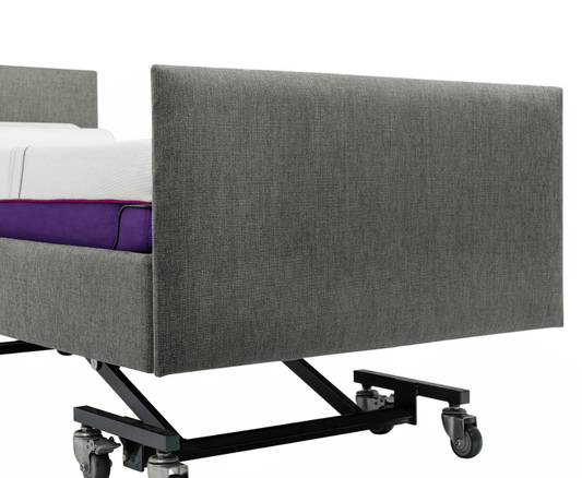 Footboard on a hospital bed, part of a homecare bed, adjustable and hi-low bed design for comfort and accessibility.