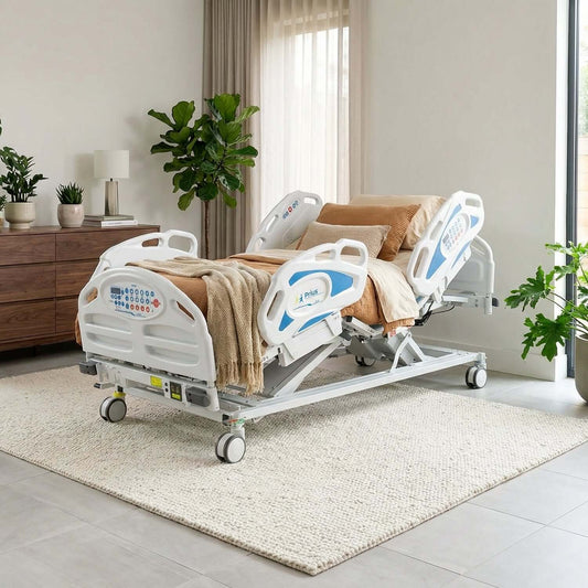 Prius Ai1 Premium All-in-One Expandable Med Surg Low Bed in a modern home setting, showcasing hospital bed features.
