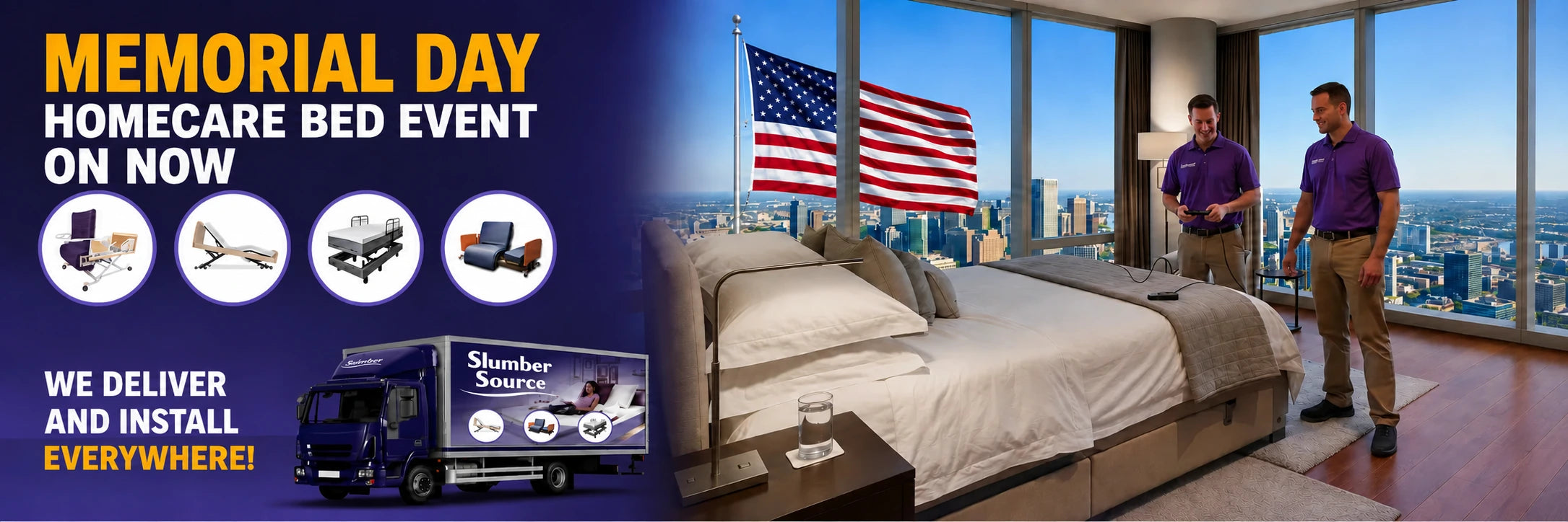 Advertisement for a homecare bed event with two men in purple shirts in a bedroom setting.